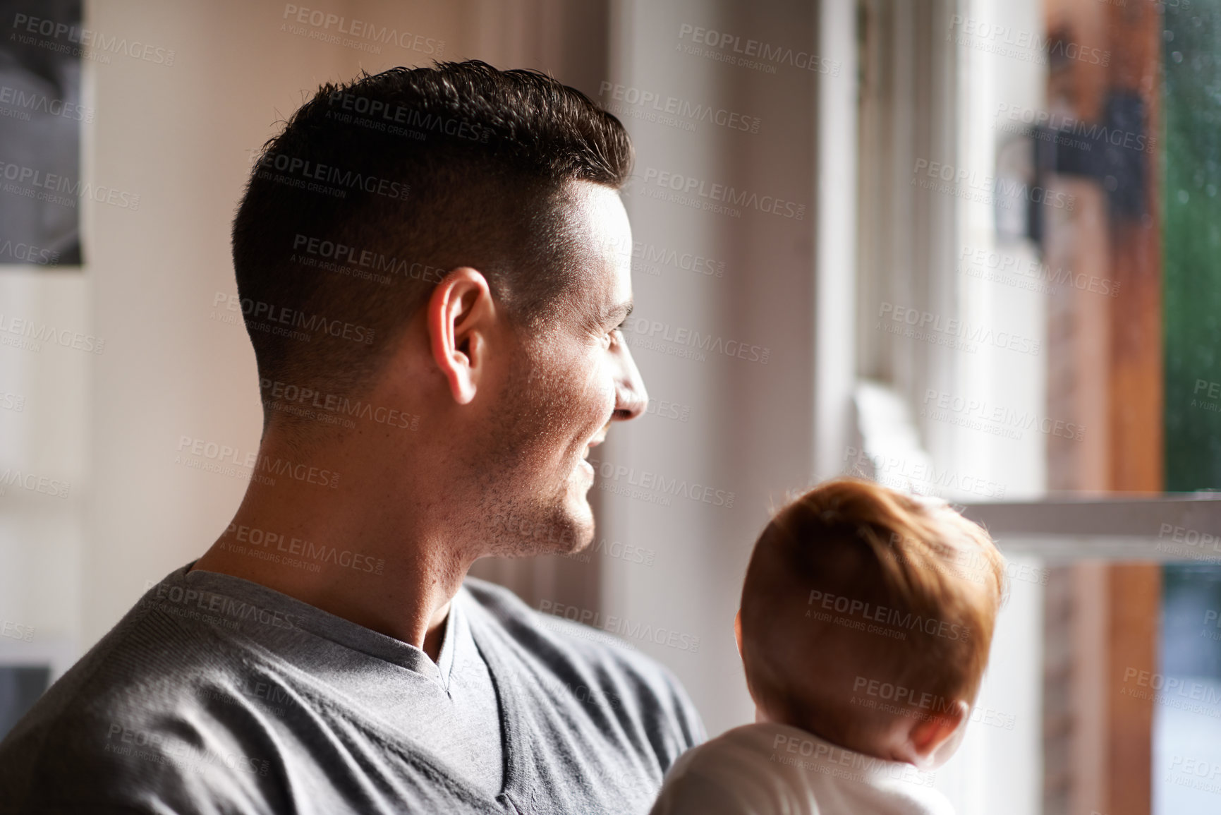 Buy stock photo Home, father and baby with smile and happy in the morning with bonding, care and family love. Support, trust and young child with dad and calm together in a new house with thinking and idea by window