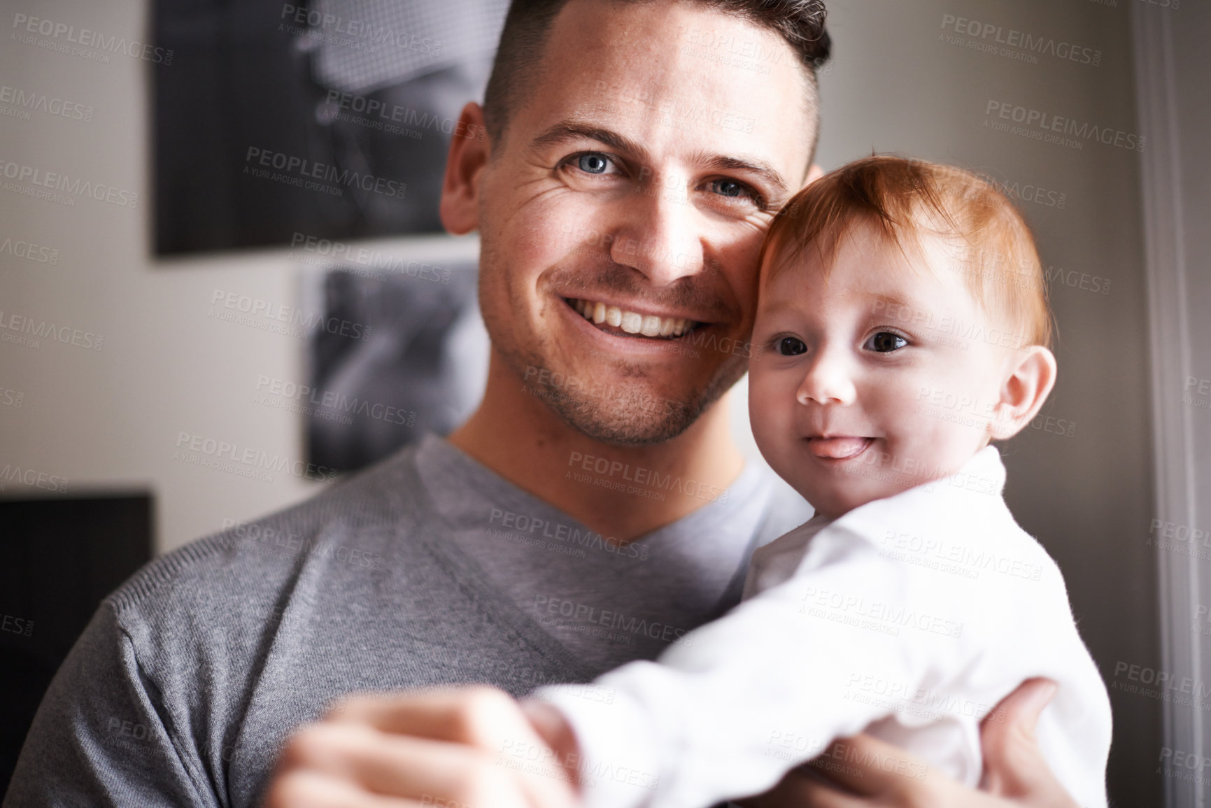 Buy stock photo Father, baby and fun portrait in a new home with smile and relax of a newborn with dad together. Love, support and care in family house with development, bonding and happy with trust and proud of kid