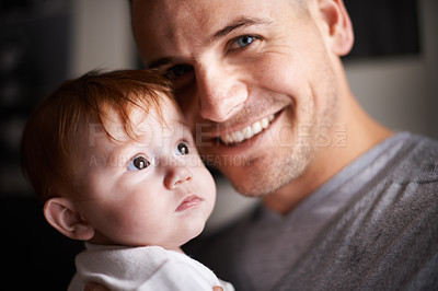 Buy stock photo Happy, portrait or father and baby in a house with love, trust or child development, support or bonding. Family, face or dad with kid at home for learning, safety or morning games, gratitude or pride