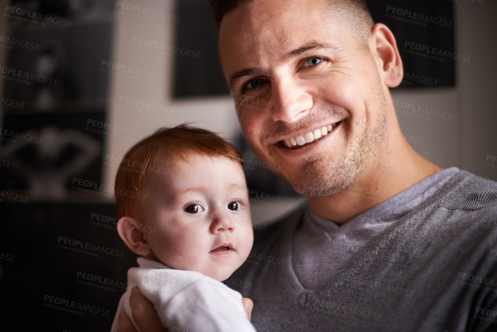Buy stock photo Father, baby and portrait in a new home with smile and relax of a newborn with dad together. Love, support and care in a family house with development, bonding and happy with trust and proud of kid