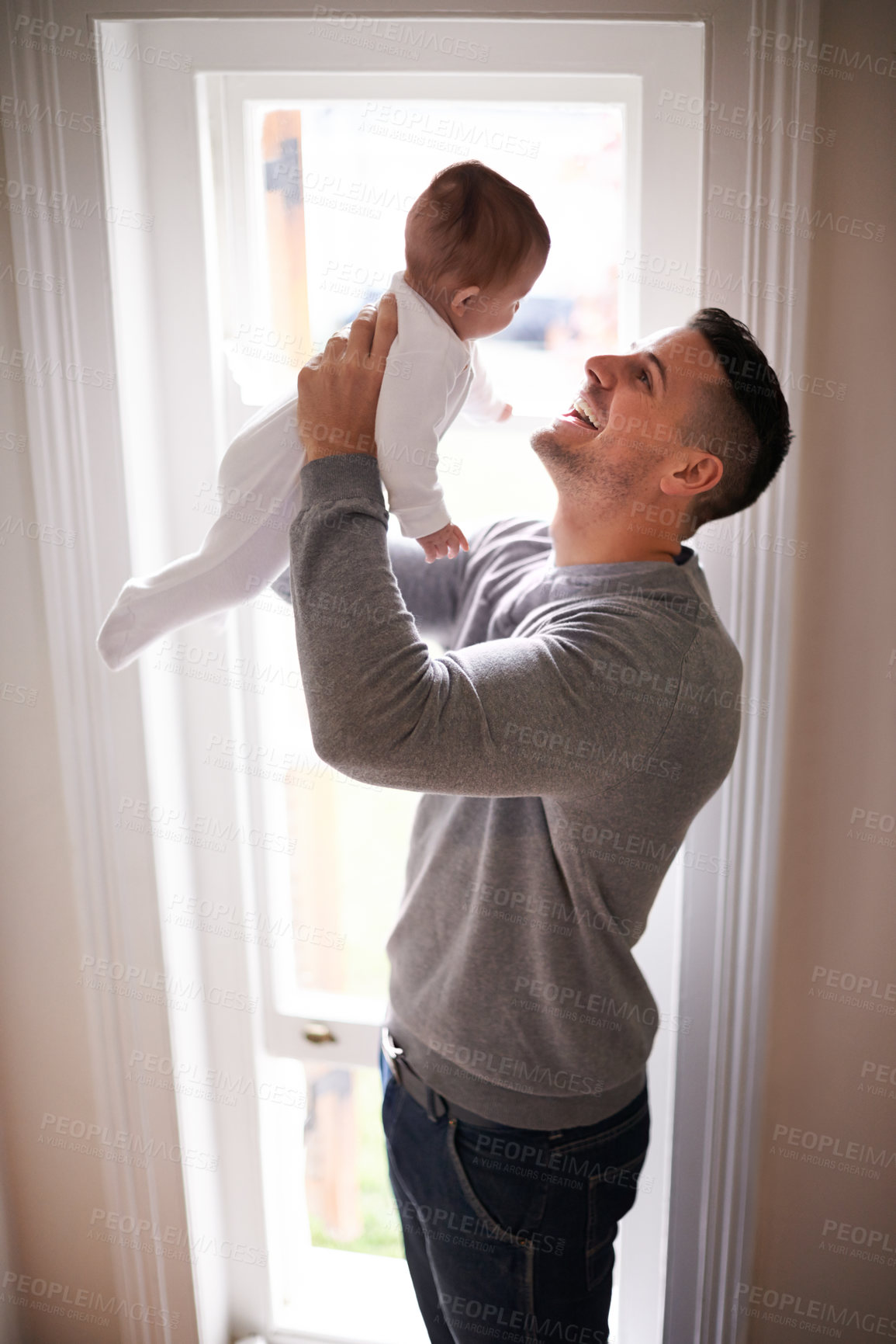 Buy stock photo Father, baby in air and bonding, happy with love for growth and child development with joy at family home. Man, infant or newborn with smile and dad holding kid for comfort, childhood and parenting 