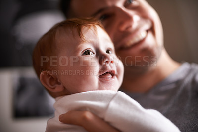 Buy stock photo Father, baby and laughing in a new home with smile and relax of a newborn with dad together. Love, support and care in a family house with development, bonding and happy with trust and proud of kid