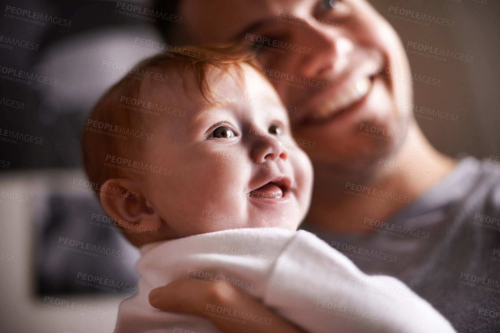 Buy stock photo Father, baby and laughing in a new home with smile and relax of a newborn with dad together. Love, support and care in a family house with development, bonding and happy with trust and proud of kid