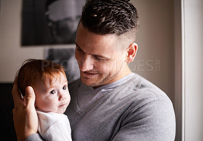 Buy stock photo Father, baby and pride with hug for bonding, love and happiness with child development and parenting. Peace, calm and childhood with smile, man and newborn kid for tender moment at family home