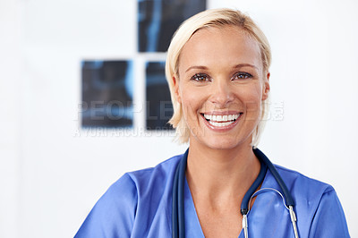 Buy stock photo Portrait, nurse and xray in hospital for healthcare service, research and planning with happy results or exam. Face of woman in medical career with film sheet in radiology for health and solution