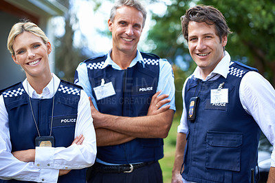 Buy stock photo Crossed arms, security team and portrait of police people for crime, protection and safety service. Law enforcement, collaboration and men and woman officers for patrol, justice and surveillance