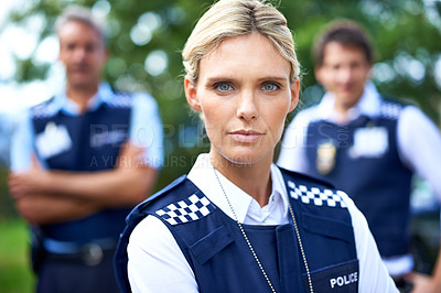 Buy stock photo Security, justice and portrait of police woman outdoors for crime, protection and safety service. Teamwork, collaboration and officer with crossed arms for patrol, law enforcement and surveillance