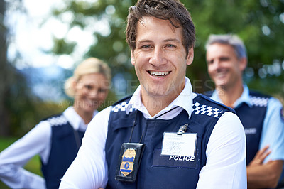 Buy stock photo Security, law enforcement and portrait of happy policeman outdoors for crime, protection and safety service. Teamwork, collaboration and officer with crossed arms for patrol, justice and surveillance