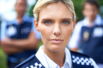 Buy stock photo Guard, law enforcement and portrait of police woman outdoors for crime, protection and safety service. Teamwork, security and face of officer with confidence for patrol, justice and surveillance