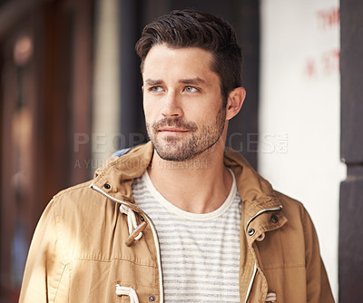 Buy stock photo Man, face or serious in city with fashion by cafe with urban style, trendy outfit and confidence or pride. Male person, thinking or relax outdoor in town with wellness, casual clothes or morning trip