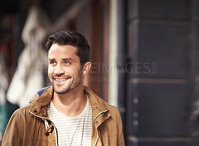 Buy stock photo Street, urban fashion and happy man on sidewalk with smile on face, mockup and sunshine outside cafe. Happiness, streetwear and hipster male model walking in city, relax and sightseeing on holiday.