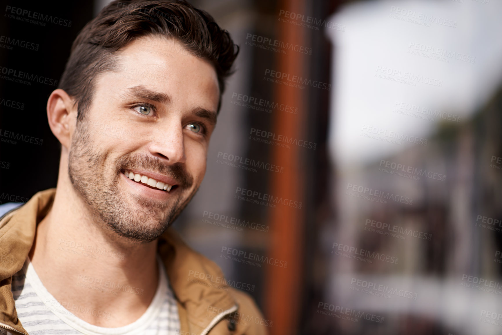 Buy stock photo Man, face and smile in city with fashion on mockup space with urban style, trendy outfit and confidence. Male person, happiness and relax outdoor in town with wellness, casual clothes or morning trip