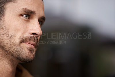 Buy stock photo Outdoor, thinking and face of man with serious expression, confidence and adult pensive and wondering. Background, male person and guy with idea or plan in city of Madrid with mock up and space