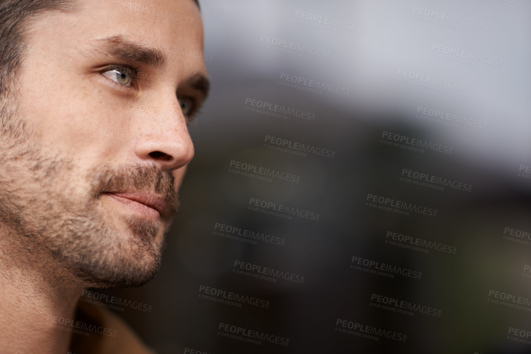 Buy stock photo Outdoor, thinking and face of man with serious expression, confidence and adult pensive and wondering. Background, male person and guy with idea or plan in city of Madrid with mock up and space