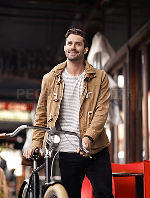 Buy stock photo City, commute and happy man with bicycle walking on sidewalk, smile and eco friendly transport. Carbon neutral, sustainability and tourist on urban journey, morning travel or male with bike on street