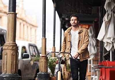 Buy stock photo City, commute and man with bike walking on sidewalk, thinking and eco friendly transport. Carbon neutral, sustainability and tourist on street for urban journey, morning travel and male with bicycle