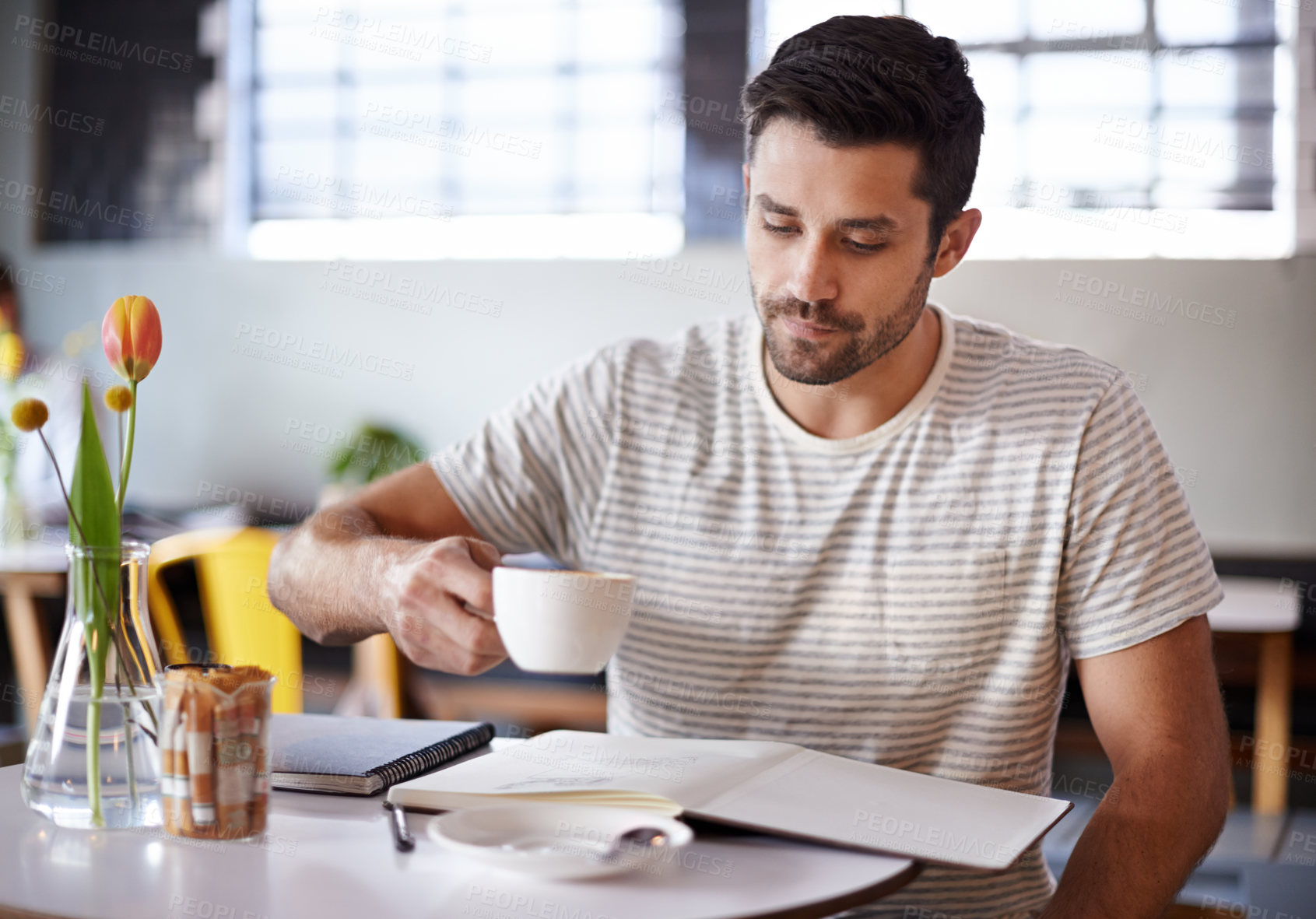 Buy stock photo Coffee, thinking and man with notebook for remote work in restaurant, cafeteria and diner. Freelance, career and person with book for planning, ideas or project with beverage, caffeine and cappuccino