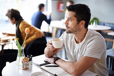 Buy stock photo Coffee shop, thinking and man with notebook for remote work in restaurant, cafeteria and diner. Freelance, career and person for planning, ideas or project with beverage, caffeine and cappuccino