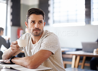 Buy stock photo Man, cup and thinking in coffee shop, ideas and planning for startup company in cafe. Male person, latte and relax in restaurant for remote work in notebook, contemplating and inspiration for career