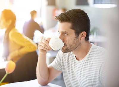 Buy stock photo Coffee, thinking and man drinking in restaurant, cafeteria and diner for breakfast, wellness and break. Person with idea, thoughtful and wondering with beverage, caffeine and cappuccino in morning