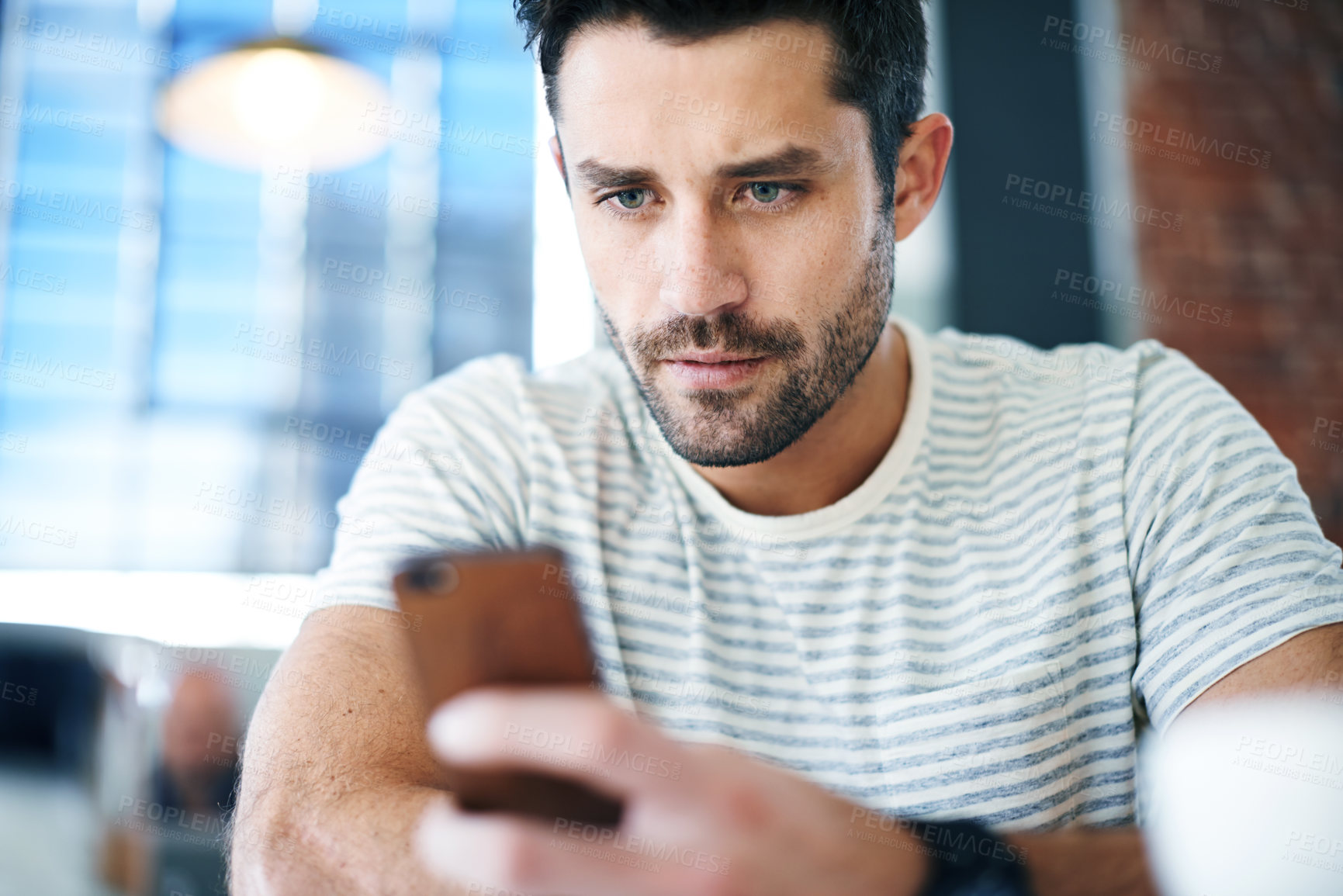 Buy stock photo Man, smartphone and scroll on social media, reading on mobile app or ebook with communication and contact. Chat, email or text message with technology, search internet and online connectivity