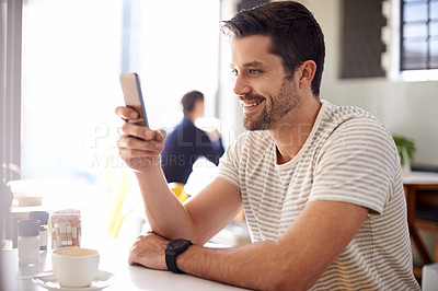 Buy stock photo Happy man, relax at cafe with smartphone and scroll online for social media, tech and communication. Chat, reading on app or ebook with break at coffee shop, contact and using phone with network