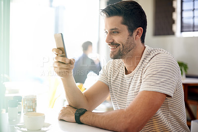 Buy stock photo Happy man, relax at coffee shop with smartphone and scroll online for social media, tech and communication. Chat, reading on app or ebook with break at cafe, contact and using phone with network