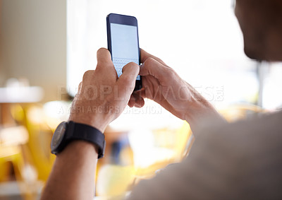 Buy stock photo Man, hands and typing with phone at cafe in social media, communication or networking at restaurant. Closeup of male person on mobile smartphone for online chatting, texting or message at coffee shop