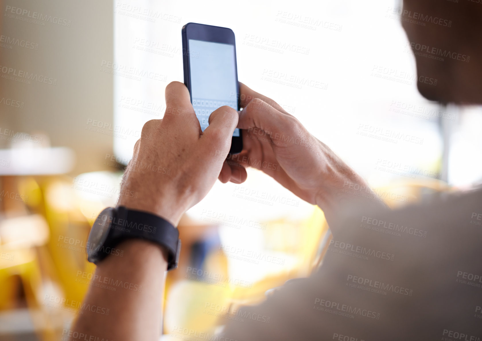 Buy stock photo Man, hands and typing with phone at cafe in social media, communication or networking at restaurant. Closeup of male person on mobile smartphone for online chatting, texting or message at coffee shop