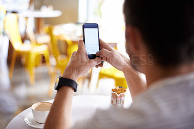 Buy stock photo Man, hands and typing with phone at restaurant in social media, communication or networking at cafe. Closeup of male person on mobile smartphone for online chatting, texting or message at coffee shop