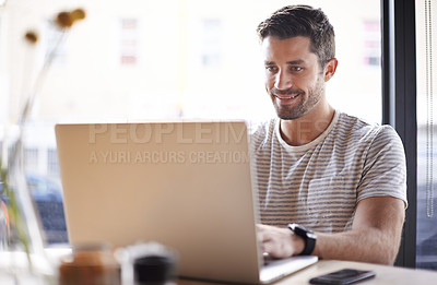 Buy stock photo Employee, typing and man with a laptop, cafe and research for a new project, information and review. Male entrepreneur, happy guy or freelancer with technology, pc and search website in a coffee shop