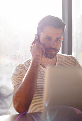 Buy stock photo Freelance, phone call and man in cafe with laptop for networking, chat and creative professional on website. Computer, research and remote work with online job, cellphone and consulting for project