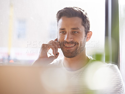 Buy stock photo Remote work, phone call and man with laptop, smile and networking on chat for creative professional. Computer, research and happy freelancer with online job, cellphone and consulting on web project