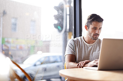 Buy stock photo Coffee shop, web connection and man with laptop and lens flare doing code work in a cafe. Tech, email and male freelancer customer at restaurant with online job and computer writing with focus