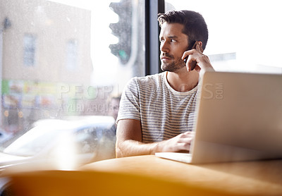 Buy stock photo Thinking, phone call and man in cafe with laptop for networking, chat and creative professional on website. Computer, communication and freelancer with online job, cellphone or consulting for project