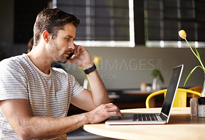 Buy stock photo Remote work, phone call and man in cafe with laptop for networking, chat and creative professional on website. Computer, research and freelancer with online job, cellphone and consulting for project