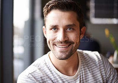 Buy stock photo Handsome man, face and portrait with smile at cafe for morning, ambition or pride at indoor restaurant. Attractive, young or happy male person with positive attitude, beard or mindset at coffee shop