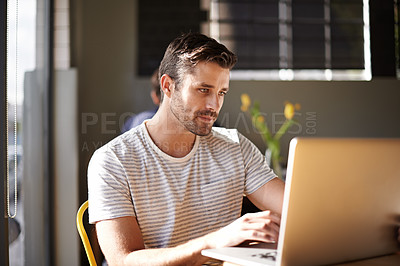 Buy stock photo Entrepreneur, laptop or man in coffee shop reading news online the stock market for trading report update. Cafe, remote work or trader typing an email or networking on internet or digital website