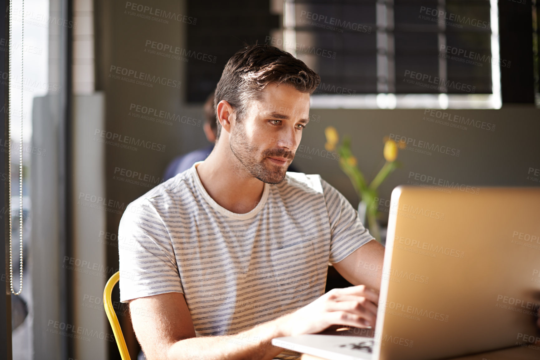 Buy stock photo Entrepreneur, laptop or man in coffee shop reading news online the stock market for trading report update. Cafe, remote work or trader typing an email or networking on internet or digital website