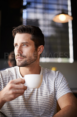 Buy stock photo Man, mug and freelancer thinking in coffee shop, ideas and planning for startup company in cafe. Male person, latte and relax in restaurant for reflection and peace, contemplating and inspiration