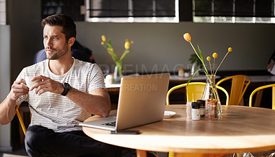 Buy stock photo Coffee, laptop or man thinking in cafe about online news the stock market or trading investment strategy. Restaurant, remote work or trader drinking tea or networking on digital website for ideas 