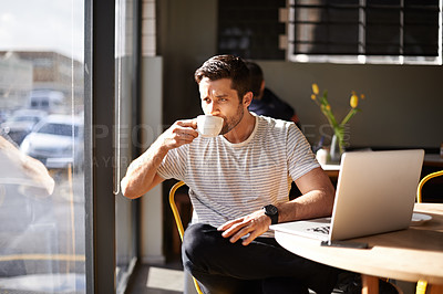 Buy stock photo Coffee, laptop or man in cafe thinking of online news the stock market or trading report update. Restaurant, remote work or trader drinking tea or networking on digital website for investment ideas