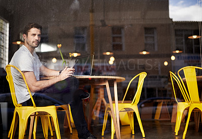 Buy stock photo Young man, thinking and vision with phone at cafe by window for social media or communication at indoor restaurant. Male person on mobile smartphone for online chatting, texting or app at coffee shop