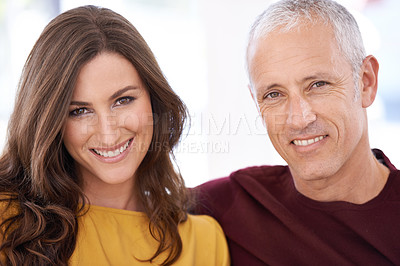 Buy stock photo Couple, portrait and happiness for love  and marriage, unique relationship and support for trust at home. Senior man, young woman and age difference, commitment and loyalty with partner and pride