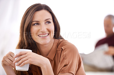 Buy stock photo Woman, happy and coffee at home in the morning on a sofa with relax and calm thinking. Couple, couch and living room with a female person with smile and idea in a house lounge with hot drink