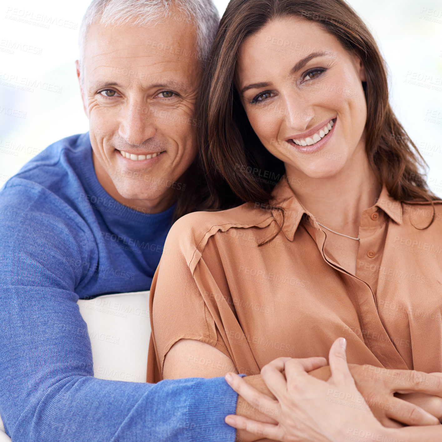 Buy stock photo Couple, age difference and hug in portrait, love with unique relationship and support for trust at home. Senior man, young woman in marriage, commitment and loyalty with partner and pride together