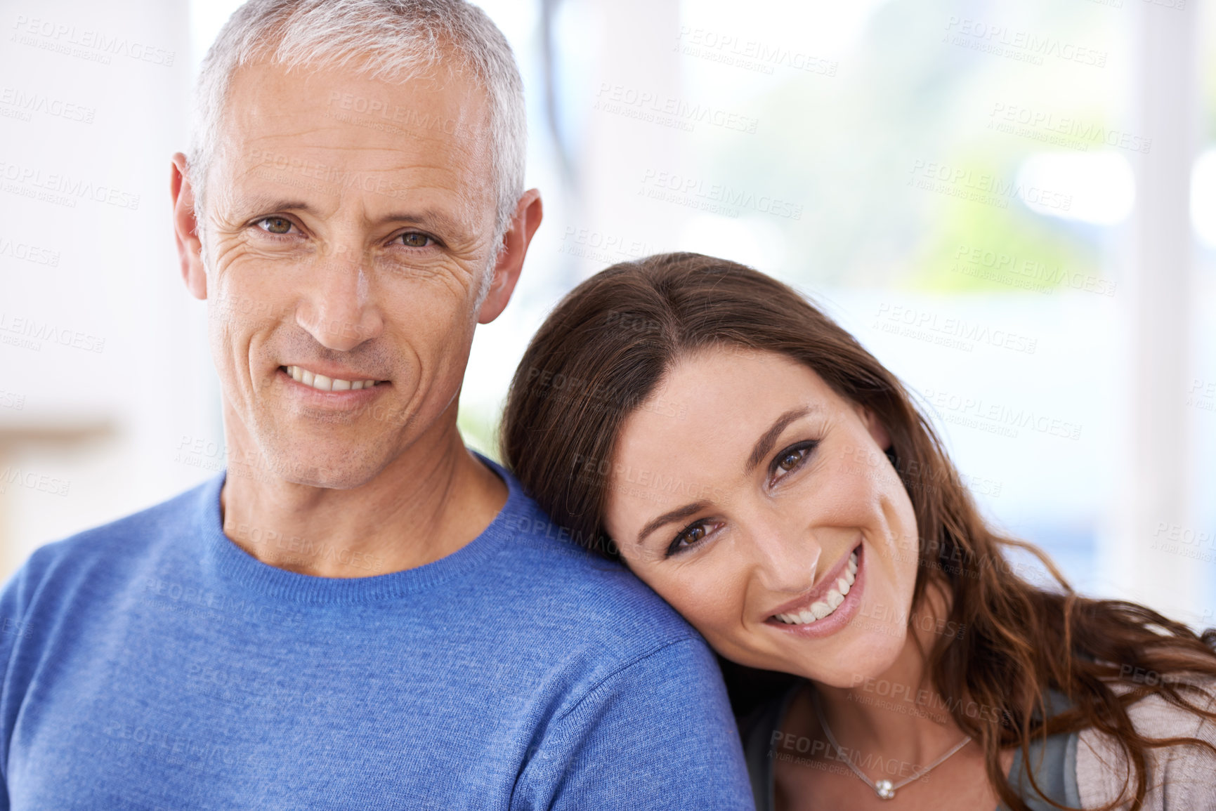 Buy stock photo Happy, couple, and face with smile in portrait, love with unique relationship and support for trust at home. Senior man, young woman and marriage, commitment and loyalty with pride together.