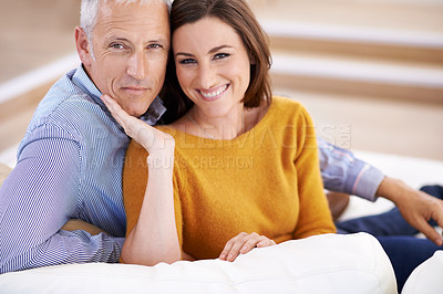 Buy stock photo Couple, age difference and smile for love in unique relationship, portrait and support for trust at home. Senior man, young woman and marriage, commitment and loyalty with partner and pride together