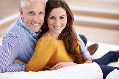 Buy stock photo Couple, age difference and happy for love in unique relationship, portrait and support for trust at home. Senior man, young woman and marriage, commitment and loyalty with partner and pride together
