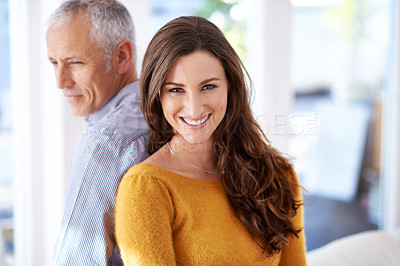 Buy stock photo Couple, portrait and smile in home for love with support, trust and comfort in living room of house. Mature man, woman and happy with face for marriage, affection or healthy relationship in apartment